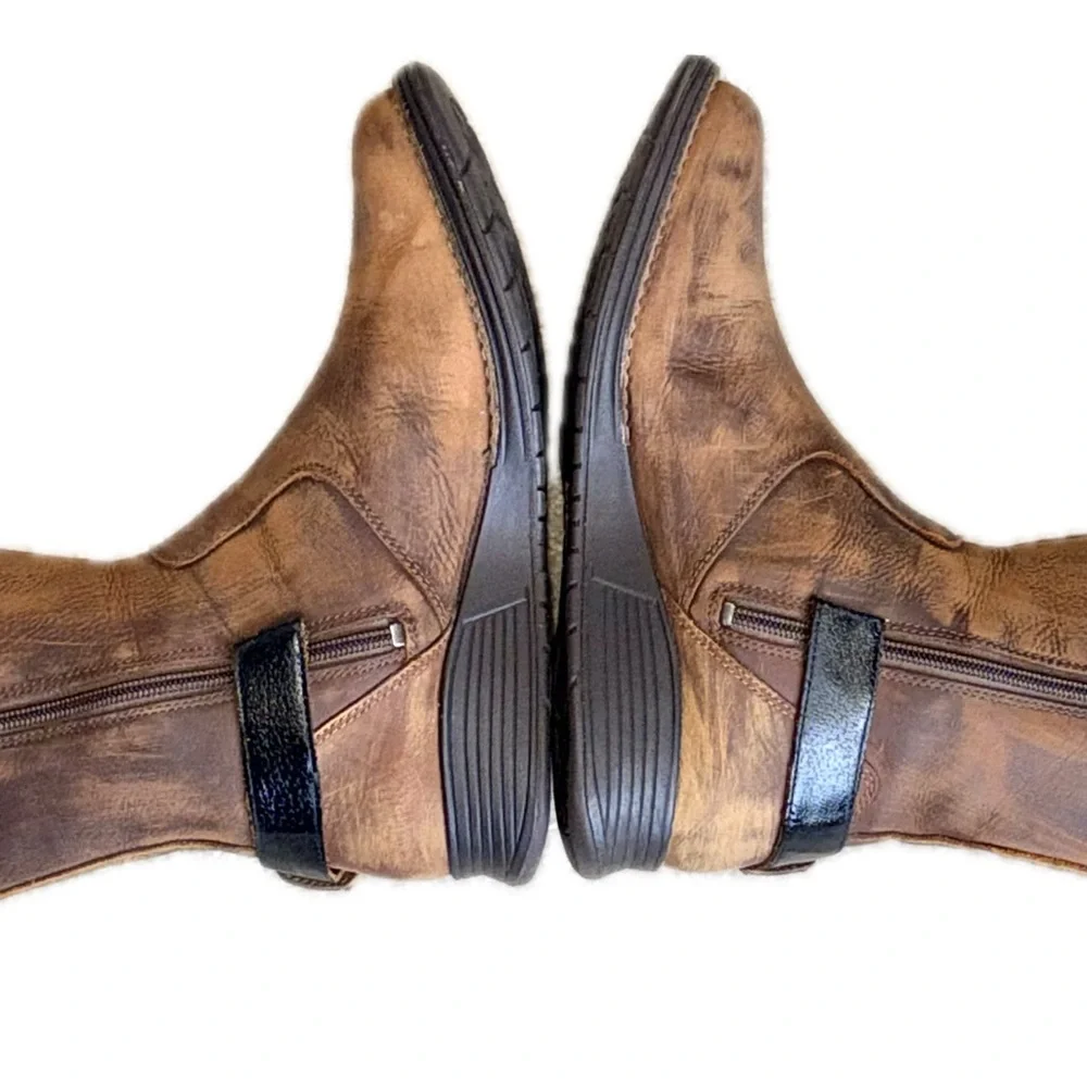 MERRELL Clay Brown Leather Boots Hand Distressed Patina Snap Buckle Boho US 8.5‎